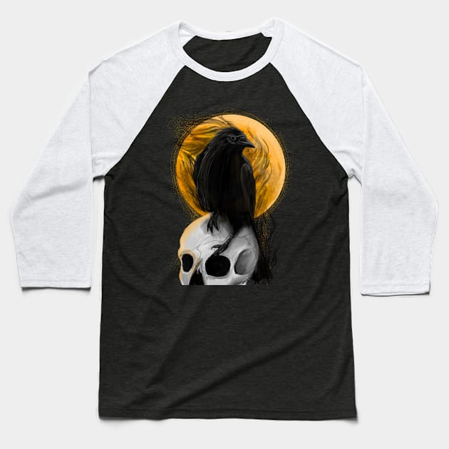 Crow On Skull Baseball T-Shirt by Migite Art